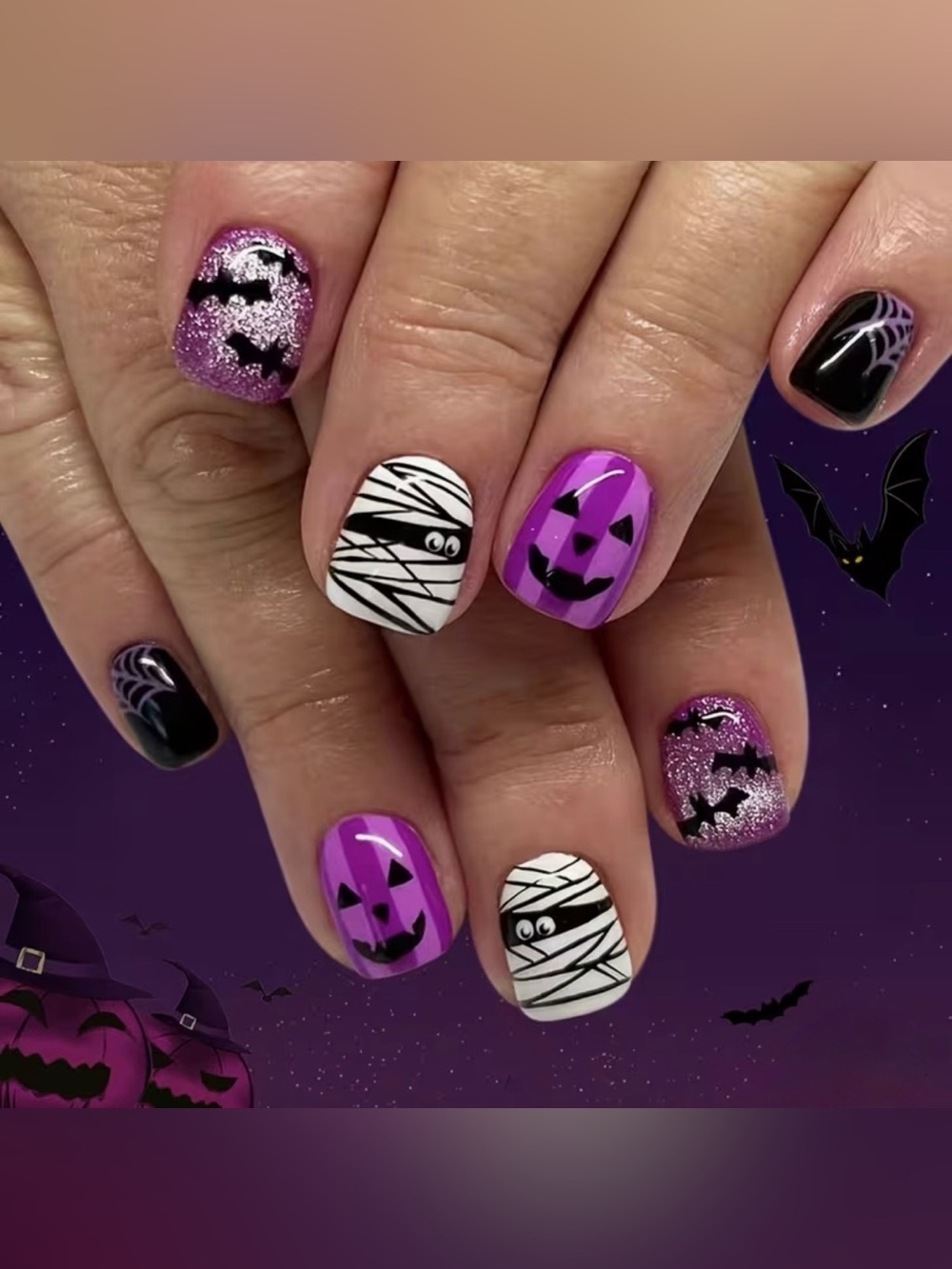 Halloween Press On Nails Spooky Mummy & Jack-O'-Lantern Designs, 24 Pcs